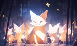 many paper cats stand in a row outside