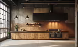 large kitchen with plenty of lighting and an interesting looking counter