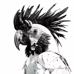 a cockatoo with big feathers standing next to a white background