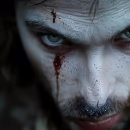 close - up shot of man with a bloody face and moustache