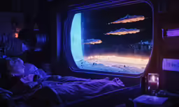 a woman laying in bed next to an open window