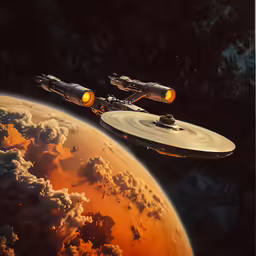 a star trek ship traveling past another object in space