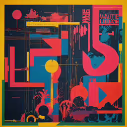 a blue and red poster that has several different items in it,an abstract poster with various colors and shapes