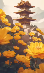 the sunflowers are blooming in the foreground, and the pagoda is on the back side of the photo