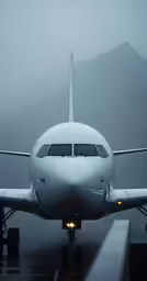 an airplane is on the runway in the fog