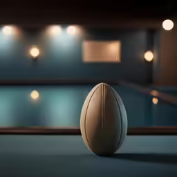 the white rugby ball is positioned in front of a swimming pool