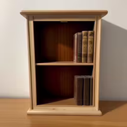 a small book case with three books sitting on top,an unusual looking bookcase with four book