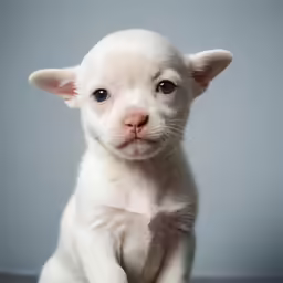 the small white dog has a blue eyes
