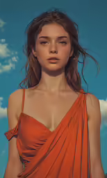 a young woman with a wet skin is standing and looking to the side