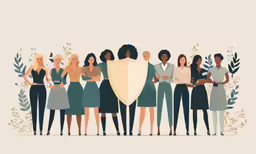 illustration of many women wearing business clothes holding shields