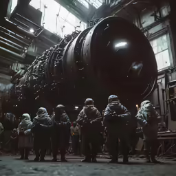 several people in an industrial factory looking at a huge oil pot