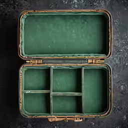 an old fashioned open suitcase has a green interior
