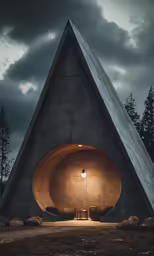 an open triangular structure with a lamp shining inside