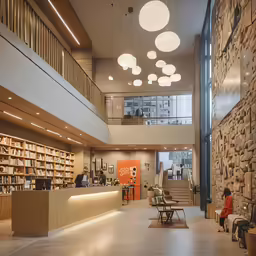 an interior view of a library, with many bookshelves