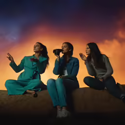 a couple of women sitting on top of a cliff