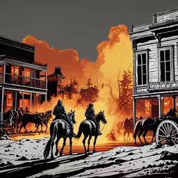 two men riding on horses are standing next to some buildings,illustration of men on horses and wagons in front of an old house