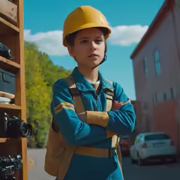 a woman in a hard hat standing with her arms crossed