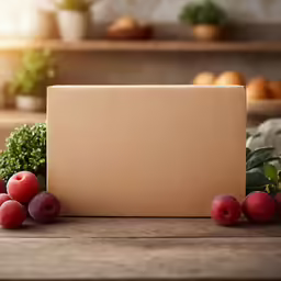 peaches, broccoli and a cardboard box on a table