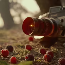 a camera lens that is on top of raspberries