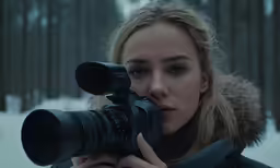 a woman holding up a camera while in the snow
