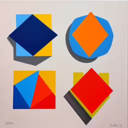 five different shapes are shown against a white background,a close up of several different colored geometric art,a number of small square, triangle and diamond shapes,an artwork with various pieces of colored art,a group of different colored shapes on a white surface