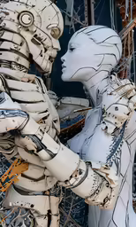 an old mechanical body is next to a woman