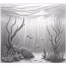 an underwater scene drawing with water and sea animals,drawing corals with black and white pencils,an ocean with seaweed, rocks and fish swimming,a drawing of sea animals swimming in the water,pencil drawing of a underwater scene