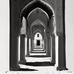 the inside of a building with several arches and doors
