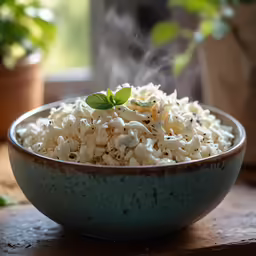 a bowl of popcorn and a plant are in the background