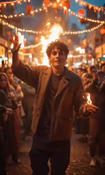 a man on a street holding a lit candle