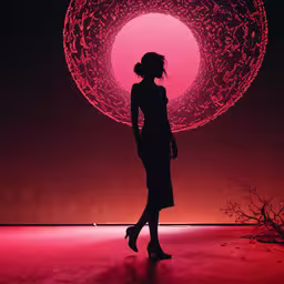 the silhouette of a woman walking by a large pink disk,a woman in silhouette, with a bright background