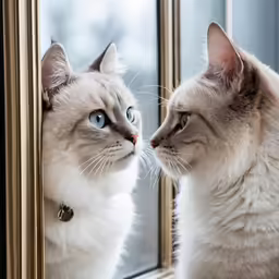 a white and brown cat and another cat looking into a mirror