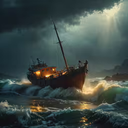 a boat in the rough ocean with lights on it,a ship is in the dark of night