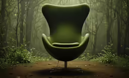 green chair on the ground near trees in a forest