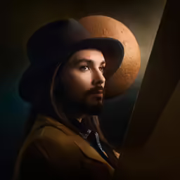 a man with long hair is wearing a hat