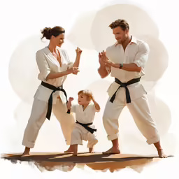 two people are practicing karate with one holding a child