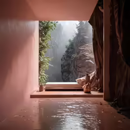 a teddy bear sitting on a ledge near a window