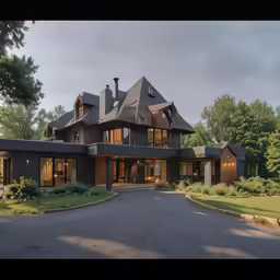 a large house sitting next to a forest with lots of trees