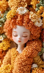 a doll with a floral wreath on her head