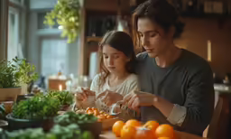 a girl and an adult looking at the food in her kitchen