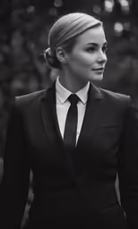 a woman in a suit and tie standing outside