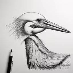 a black and white drawing of a bird