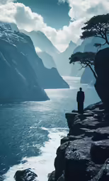 person standing on cliff near water and mountains