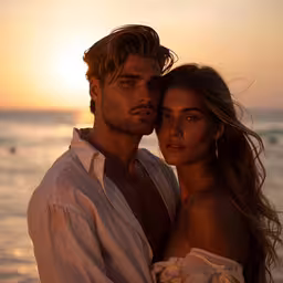 two people in white clothing standing on the beach near the ocean,two beautiful young women and man in white shirts standing next to the ocean