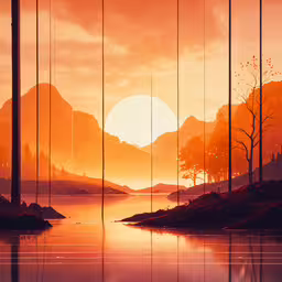 a painting of the sunset reflecting in the water,a digital rendering of a landscape with mountains, lake and trees at sunset