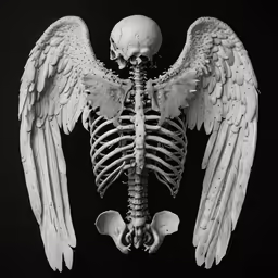 a skeleton with wings in black and white