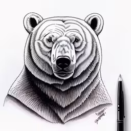 an image of a bear with eyes wide open,drawing of a bear, pencil on paper with a pen,an ink drawing of a bear head and pen,a drawing of a bear