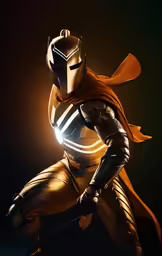 a man in armor and cape holding sword and wearing mask