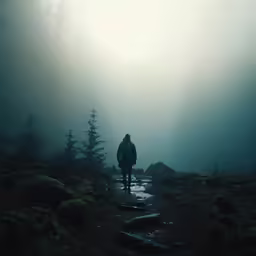 man in the dark forest walking through the fog