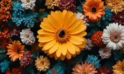 yellow flower surrounded by other flowers with brown center